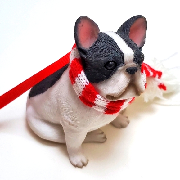 Christmas Tree Ornament Adorable French Bulldog Pup Figurine Red & White Scarf - Picture 4 of 16